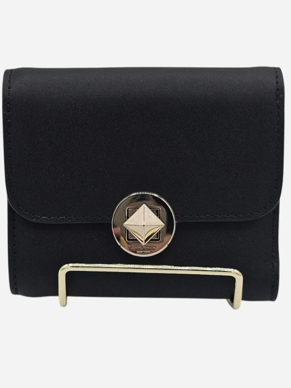 KATE SPADE  Black Leather‎ Small Compact Tri-fold Wallet with Gold Twist Lock
